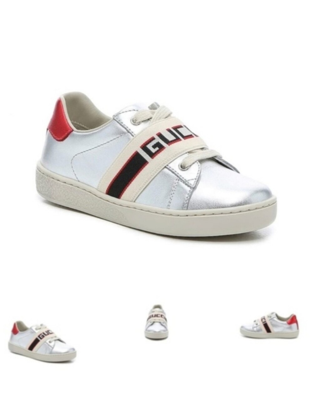 Kids Metallic Silver Sneaker with Red Accent GUCCI